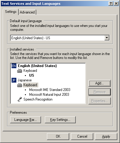 text services and input language dialog box's language bar button