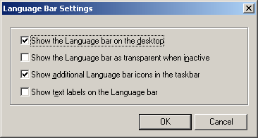 language bar setting dialog box's show the language bar on the desktop options
