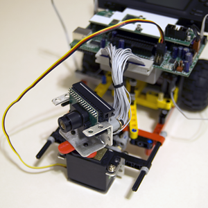 picture of botball with camera mount on a servo motor in front